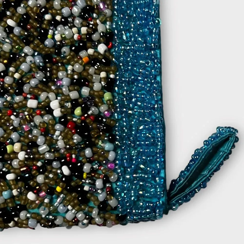 Beaded Blue, Gray, Pearl Zip Top Lined Clutch Purse, Change Purse